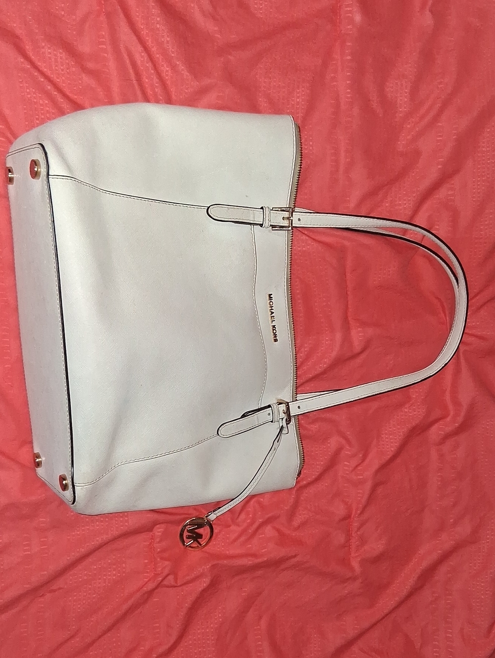 Michael Kors White Leather Shoulder Tote with MK Charm